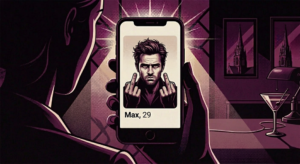 a dating profile of a man flipping the middle finger