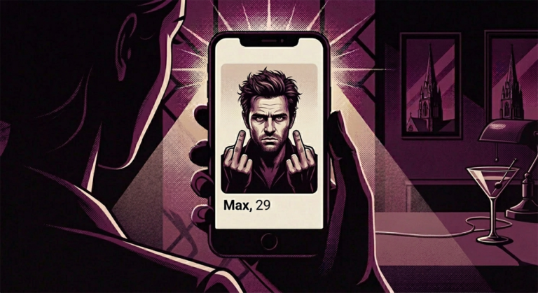 a dating profile of a man flipping the middle finger