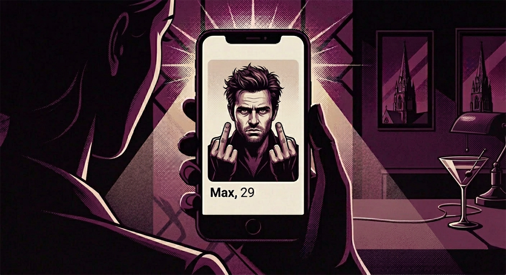 a dating profile of a man flipping the middle finger